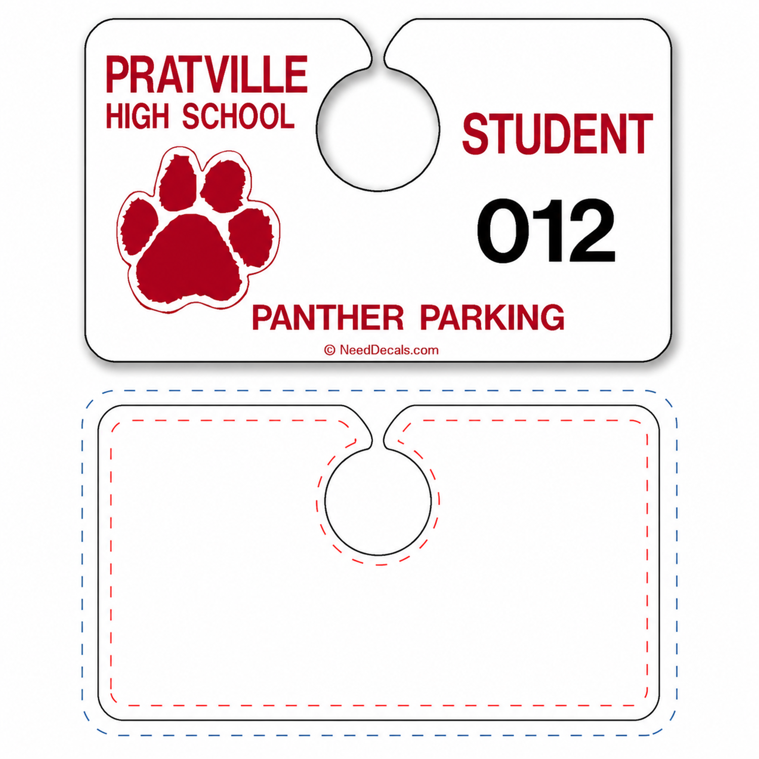 Finished Hidden Horizontal #3646 parking hang tag above the blank downloadable design template