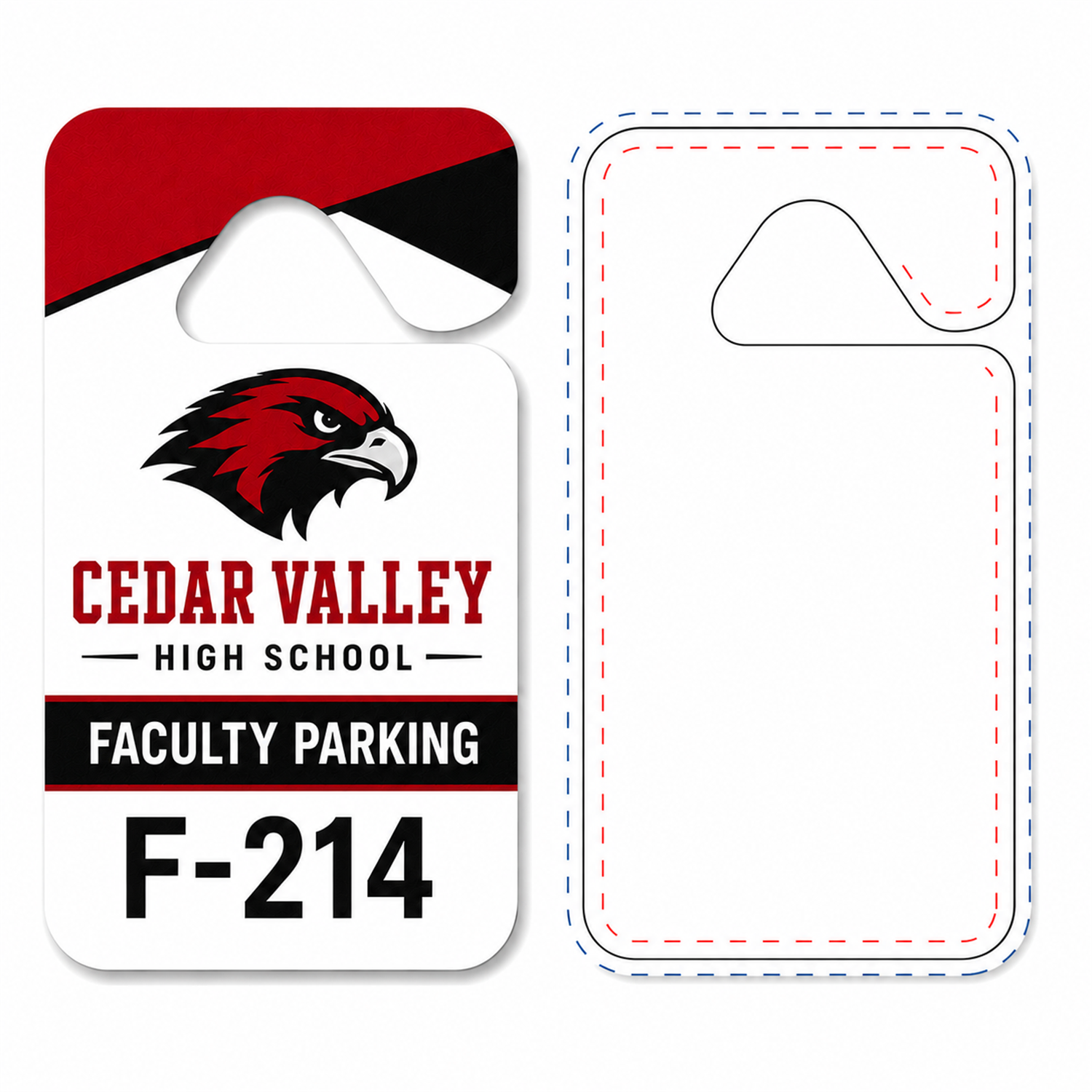 Finished Standard #3647 parking hang tag beside the blank downloadable design template