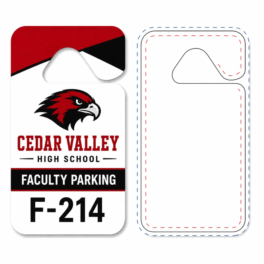 Finished custom parking hang tag beside its blank design template