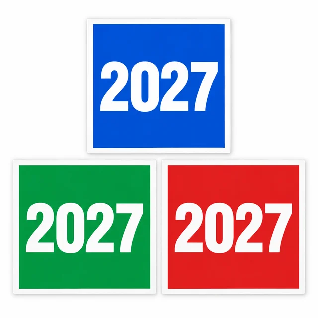 Illustrative square 2027 year decals in blue, green and red with white lettering