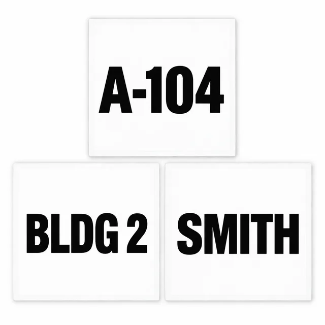 Illustrative square identifier decals reading A-104, BLDG 2 and SMITH