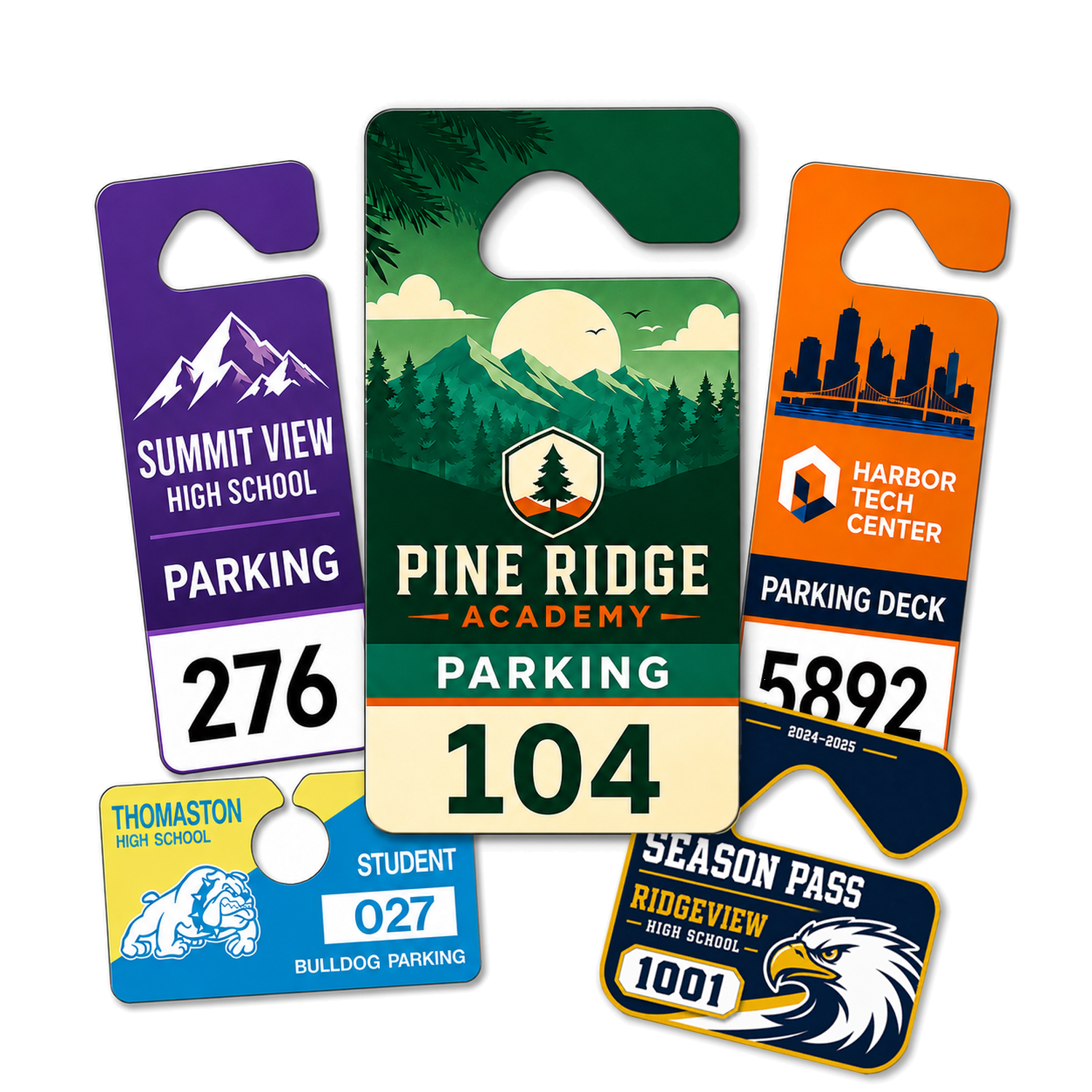 Custom full-color parking hang tags in multiple shapes