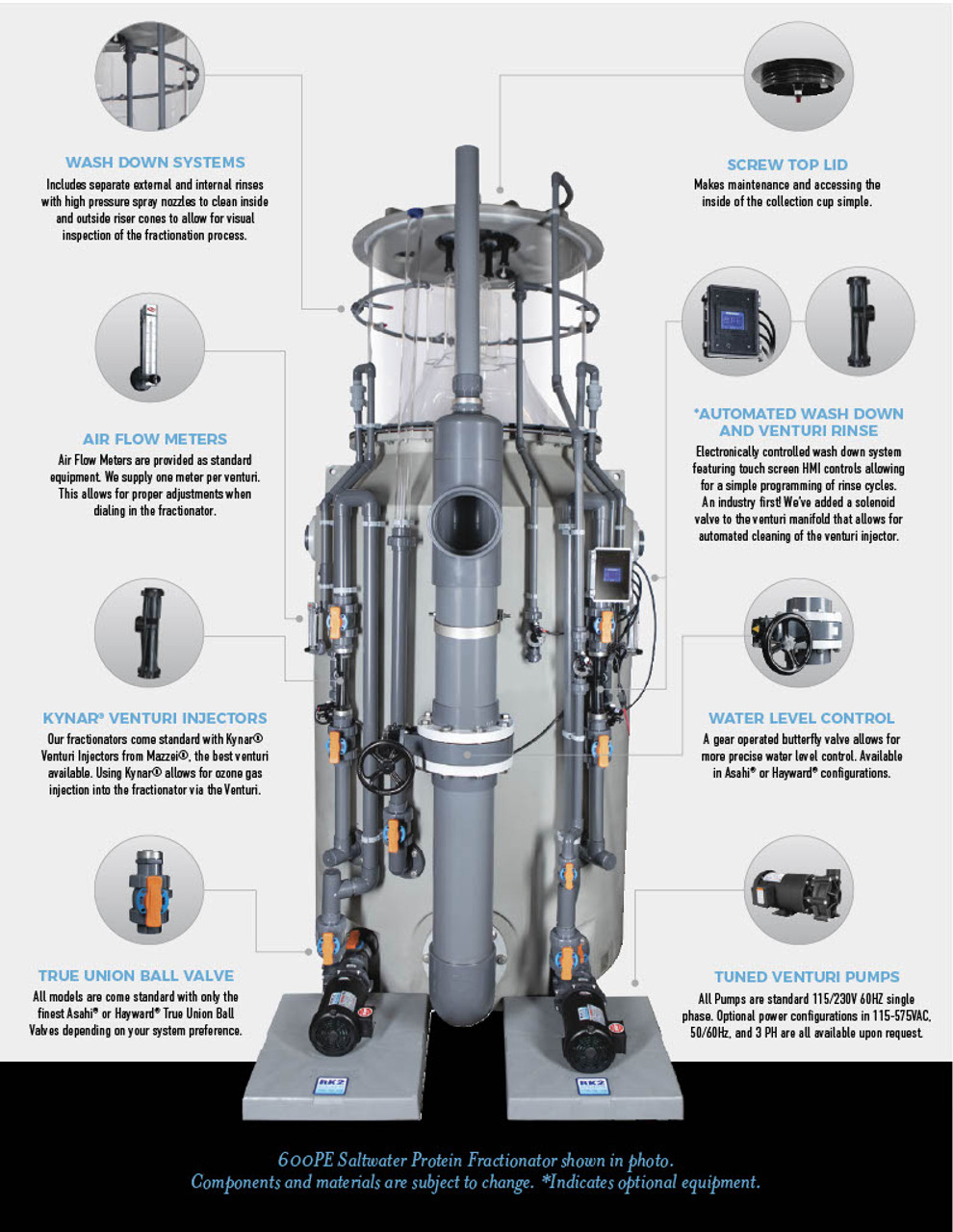 RK2 Systems RK1000PE Protein Fractionators / Protein Skimmer. 1100 GPM / 4164 LPM @ 2 min