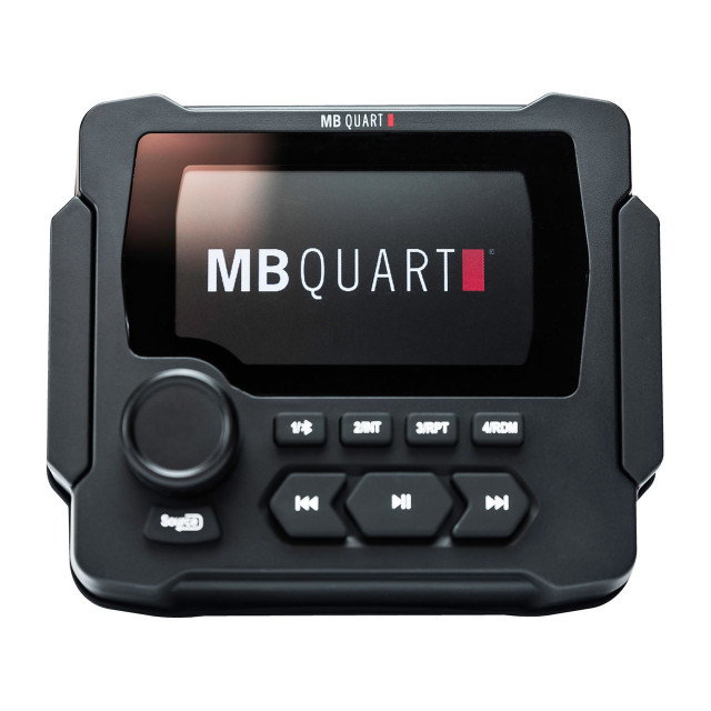 A John Deere Gator Bluetooth Radio with LED Color display by MB Quart, pictured uninstalled and against a blank background