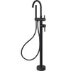 Product image of the  Hustle Floor Mixer & Shower in matte black. Round spout and base. The diverter lever sits above the mixer and along side the hook for the thin round, hand held shower head.