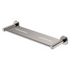 Brushed nickel round shower shelf.
