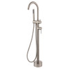 Product image of the Kaya Floor Mounted Bath Mixer with Hand Shower Head in brushed nickel. A round, floor mounted hook spout with solid round base and a pin handle mixer and diverter. The hand held shower head sits is thin and round. Product image of the Kaya Floor Mounted Bath Mixer with Hand Shower Head in brushed nickel. A round, floor mounted hook spout with solid round base and a pin handle mixer and diverter. The hand held shower head sits is thin and round.