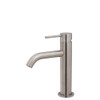 Product image of the Kaya Basin Mixer in brushed nickel. A round body with pin handle and slightly bent round spout.
