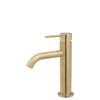 Product image of the Kaya Basin Mixer in urban brass. A round body with pin handle and slightly bent round spout.