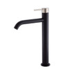 Product image of the Kaya Tall Basin Mixer in matte black with a brushed nickel pin handle.