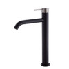 Product image of the Kaya Tall Basin Mixer in matte black with a gun metal pin handle and slightly bent round spout.