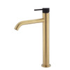 Product image of the Kaya Tall Basin Mixer in urban brass with a matte black pin handle and slightly bent round spout.
