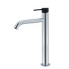 Product image of the Kaya Tall Basin Mixer in chrome with a matte black pin handle and slightly bent round spout.