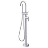 Product image of the Empire Floor Standing Mixer & Shower in chrome. A round, floor mounted hook spout with solid round base, an oblong mixer handle and pin lever diverter. The handheld shower head is thin and round. Product image of the Empire Floor Standing Mixer & Shower in chrome. A round, floor mounted hook spout with solid round base, an oblong mixer handle and pin lever diverter. The handheld shower head is thin and round.