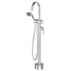 Eleanor Floor Mixer & Shower in chrome with a white lever. A floor mounted goose-neck bath mixer with traditional handheld shower head.