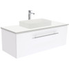 Matte white cast stone semi inset rectangle basin.