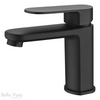 Product image of the Supra basin mixer in matte black. Flat oblong handle and spout with a round body.