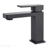 Product image of the Milos basin mixer in matte black. Flat rectangle handle and spout with a square body.