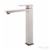 Product image of the Milos tall basin mixer in brushed nickel. Flat rectangle handle and spout with a square body.