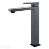 Product image of the Milos tall basin mixer in matte black. Flat rectangle handle and spout with a square body.