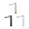 Milos tall basin mixer. Available in chrome plated and black electroplated finish and brushed nickel. Pictured side by side.