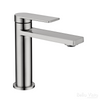 Product image of the Cresta basin mixer in Brushed Nickel,. Flat arch handle, flat rectangle spout and round body.