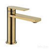 Product image of the Cresta basin mixer in Brushed Gold. Flat arch handle, flat rectangle spout and round body.