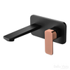 Matte black and rose gold Seto basin or bath Mixer and spout set. Soft edge rectangle backing plate and handle with flat rectangular outlet.