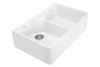 Whie double bowl butler sink with stainless steel basket waste, overflow and one tap hole.Whie double bowl butler sink with stainless steel basket waste, overflow and one tap hole.