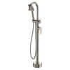 brushed nickel hook bath spout that is floor mounted. The hook for the shower head is opposite the round diverter lever.