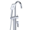 Product image, close up. Tono Floor Mounted Bath Mixer With Hand Shower, Chrome