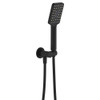 Product image of the Tono Hand Shower with a round plate in matte black. The button to change the water function sits flush on the handle just below water nozzles. The hose and hook are attached to the water inlet.