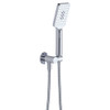 Product image of the Tono Hand Shower with a round plate in chrome. The button to change the water function sits flush on the handle just below water nozzles. The hose and hook are attached to the water inlet.
