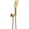 Product image of the Tono Hand Shower with a round plate in urban brass. The button to change the water function sits flush on the handle just below water nozzles. The hose and hook are attached to the water inlet.