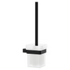 Product image of the Tono toilet brush and holder. Matte black rectangular band that a frosted glass tumbler sits in.