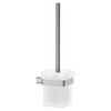 Product image of the Tono toilet brush and holder. Brushed nickel rectangular band that a frosted glass tumbler sits in.