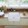 Olivia Single Butler Sink, Small. above view, live image picture it a stainless-steel basket waste.