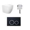 Product image of the Venus Wall Faced Toilet Pan with round black buttons and flush plate, it has a small chrome ring around the buttons.