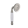 Close up of the hand held shower head in brushed nickel.