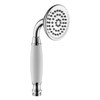 Close up of the hand held shower head in chrome.