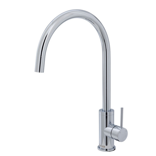 Product image of the chrome Kaya goose-neck sink mixer with pin handle. Product image of the chrome Kaya goose-neck sink mixer with pin handle.