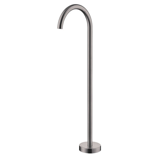 Product image of the Kaya Floor Mounted Bath Outlet in gun metal. A round, floor mounted hook spout with solid round base.