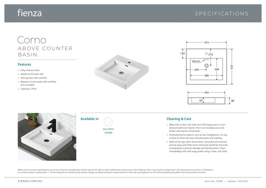 Specification sheet for the COMO White Basin