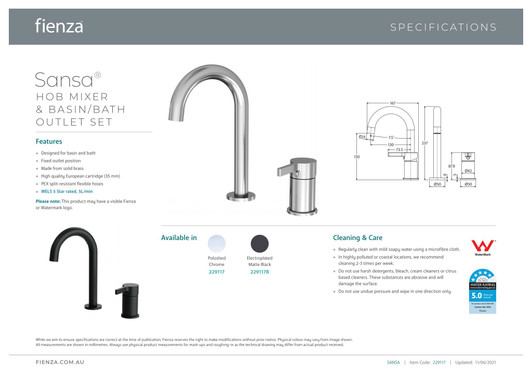 Specification sheet for the Sansa Hob Mounted Mixer Set by Fienza.