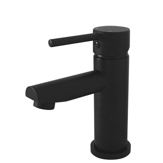 Product image of the Hustle basin mixer in matte black. Round mixer with round handle