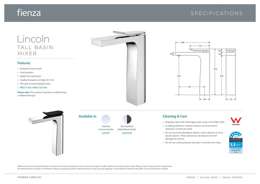 Specification sheet for the Lincoln Tall Basin Mixer.