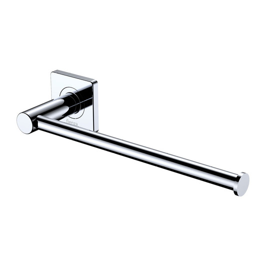 Chrome hand towel rail or toilet roll holder with square wall mount. Mounted horizontally