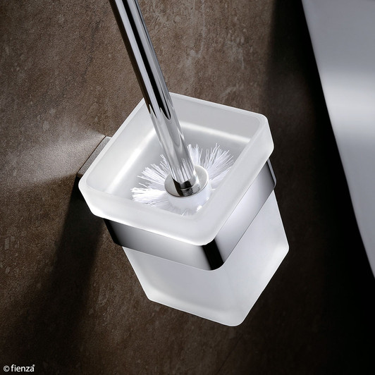 Chrome toilet brush with a square holder and frosted glass tumbler Chrome toilet brush with a square holder and frosted glass tumbler