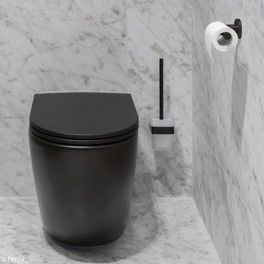 Matte black toilet brush with a square holder and frosted glass tumbler Matte black toilet brush with a square holder and frosted glass tumbler