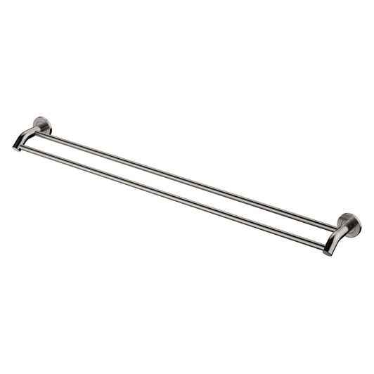 Brushed nickel round double towel rail.